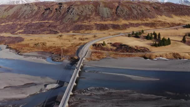 Wide Drone Flight Arcing Car Crossing Bridge Hvannagil Estuary Iceland — Stock Video