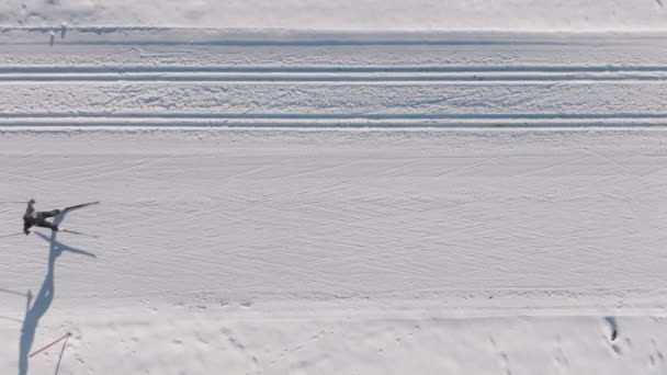 Lockdown Overhead Wide Shot Cross Country Skier Skiing Snowy Path — Αρχείο Βίντεο