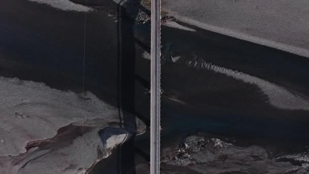 Wide Overhead Drone Flight Rising Car Bridge Hvannagil Estuary Iceland — Stock Video