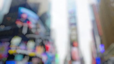 Low Angle Wide Defocussed Journey Through New York Streets Of Skyscrapers And Billboards