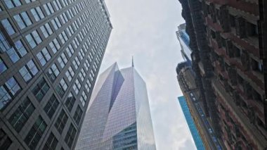 Low Angle Panning Wide Shot Of Skyscrapers In New York City