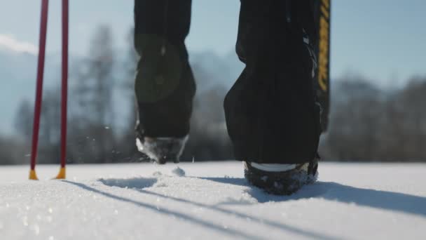 Slow Motion Lockdown Low Angle Shot Man Walking Camera Snow — Video Stock