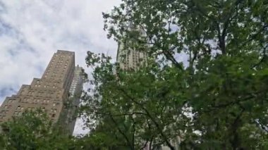 Dolly Wide Low Angle Shot Of New York Skyline Through Trees With The Woolworth Building