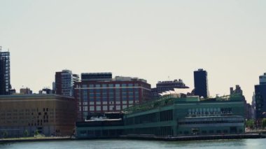 Manhattan Financial District Skyline at Daytime. Beautiful Cityscape of New York. View From the River. Camera Trucking Right