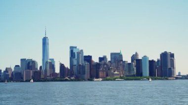 Manhattan Financial District Skyline at Daytime. Beautiful Cityscape of New York. View From the River. Wide Panoramic Shot