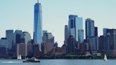 Manhattan Financial District Skyline at Daytime. Beautiful Cityscape of New York. View From the River. Panoramic Shot
