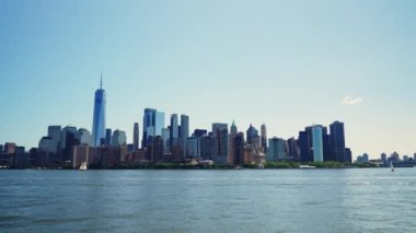 Manhattan Financial District Skyline at Daytime. Beautiful Cityscape of New York. View From the River. Wide Panoramic Shot
