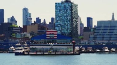 View From the River on Manhattan Financial District Harbor. Beautiful Cityscape of New York. Trucking Left Shot