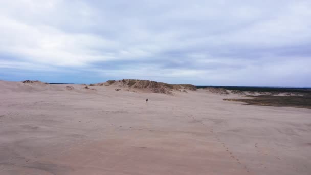 Aerial Wide Shot Tourist Walking Endless Sands Horizon Camera Zooms — Stock video
