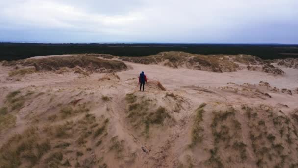 Турист Стоящий Вершине Песчаной Дюны Наслаждающийся Панорамным Видом Camera Fies — стоковое видео