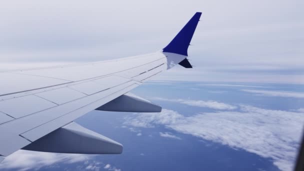 View Plane Window Aircrafts Wing White Clouds Underbeneath Flight Beautiful — стоковое видео