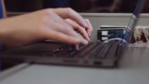 Close Womans Hands Typing Laptop While Going Train Evening Slow — Vídeos de Stock