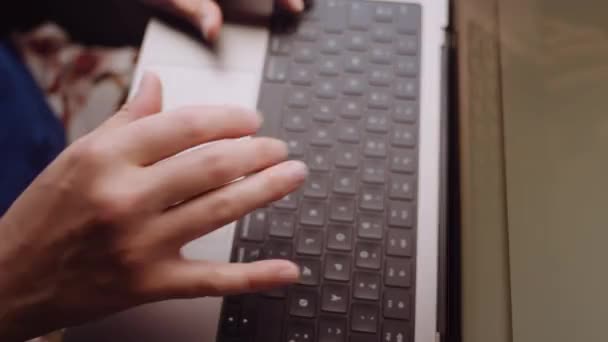 Крупним Планом Womans Hands Typing Ноутбуці Під Час Поїздки Поїздом — стокове відео
