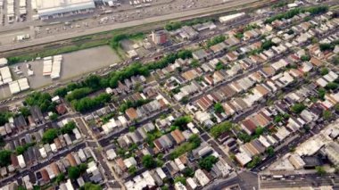 Aerial of Residental Area of Brooklyn, New York. Filmed From a Helicopter. Wide Panoramic Cityscape. High Angle Shot