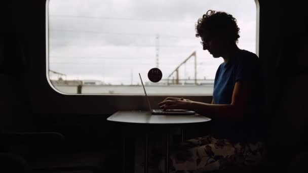 Silhouette Woman Curly Hairs Glasses Working Laptop While Going Train — Stockvideo