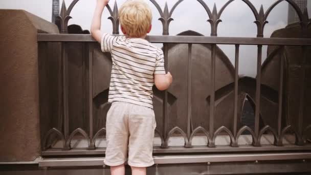 Wide Slow Motion Dolly Shot Boy Standing Rooftop Looking Railings — Stock video