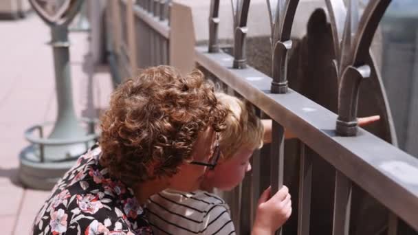 Medium Slow Motion Handheld Shot Mother Young Son Looking Railings — Stockvideo