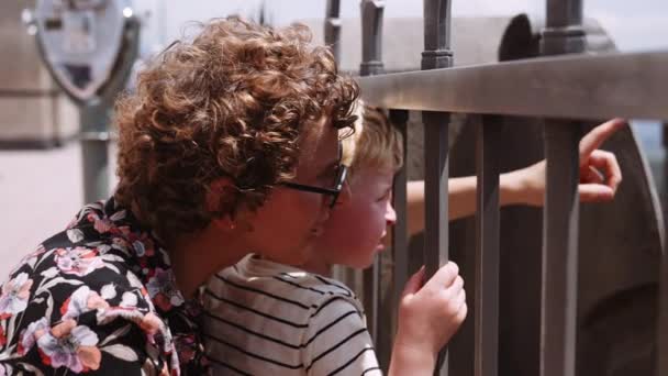 Medium Slow Motion Handheld Shot Mother Young Son Looking Railings — Stockvideo