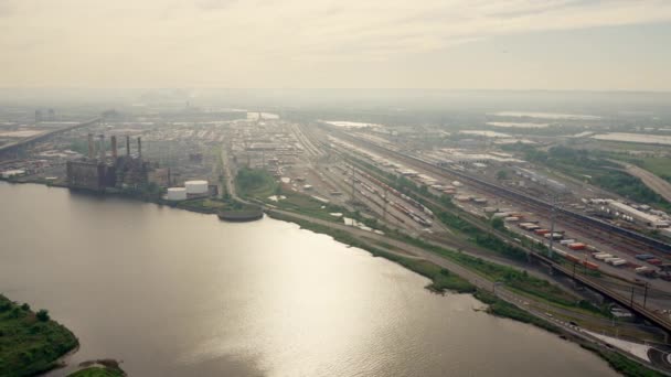 Aerial Brooklyn Industial Area River Highways Filmed Helicopter Wide Panoramic — Stockvideo
