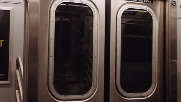 View Subway Carriage Doors While Train Ride Arriving Station Close — 图库视频影像