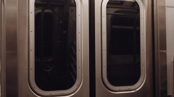 View Subway Carriage Doors While Train Ride Close Handheld Shot — ストック動画