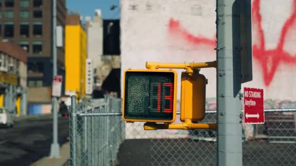 Handheld Medium Shot Countdown Hand Signal Pedestrian Crossing New York — Vídeo de Stock