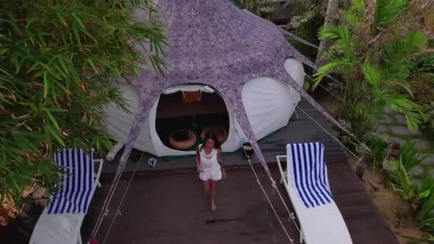 Aerial View Luxury Resort Tent House Coconut Trees Tropical Forest — Stockvideo