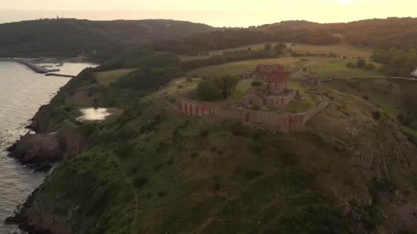 Aerial Impressive Medieval Fortress Hammershus Ruins Sunset Denmark Beautiful Landscape — Stock Video