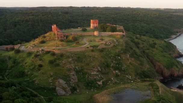 Aerial Impressive Medieval Fortress Hammershus Ruins Sunset Denmark Beautiful Landscape — Stock Video
