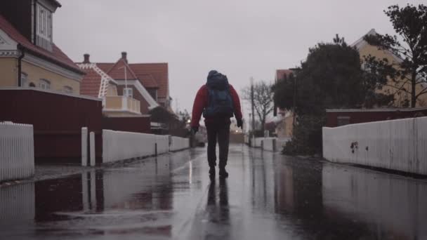 Back View Man Backpack Winter Clothes Walking Wet Asphalt Road — Wideo stockowe