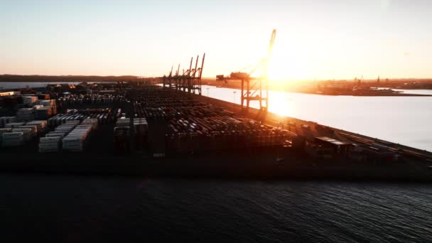 Wide Slow Motion Drone Flight Dawn Industrial Harbour Seaport Aarhus — Vídeo de Stock