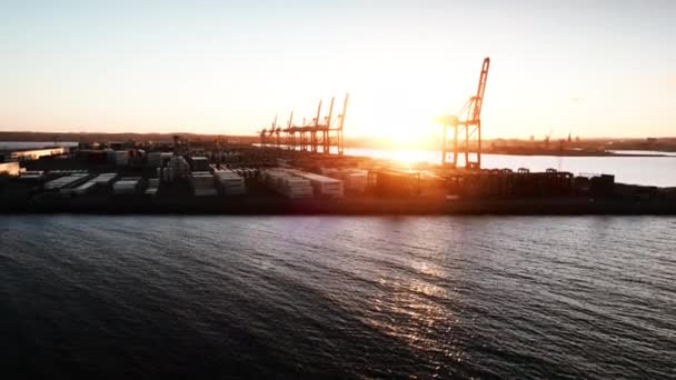 Wide Slow Motion Drone Flight Dawn Industrial Harbour Seaport Aarhus — 图库视频影像
