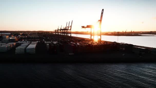 Wide Slow Motion Drone Flight Dawn Industrial Harbour Seaport Aarhus — Video Stock