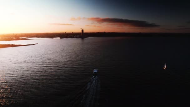 Wide Slow Motion Drone Flight Dawn Tracking Ship Sea Industrial — Stock video