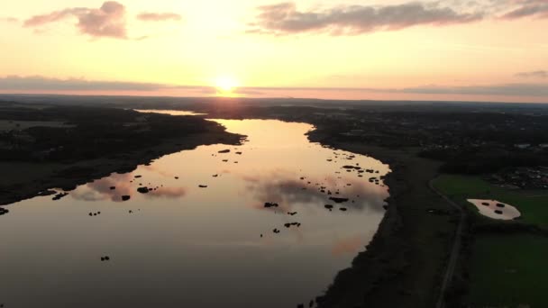 Aerial River City Aarhus Denmark Beautiful Landscape Sunset Panoramic Shot — Stock video
