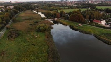 Aerial Panoramic View of the River in  City of Aarhus, Denmark. Beautiful Landscape. Camera Moves Forwards