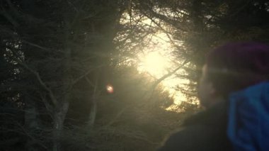 Close-up Back View of a Hiker Mans Silhouette with Backpack Standing in Front of Trees in the Forest Against the Sun. Slow Motion Shot. Focus Is on the Background