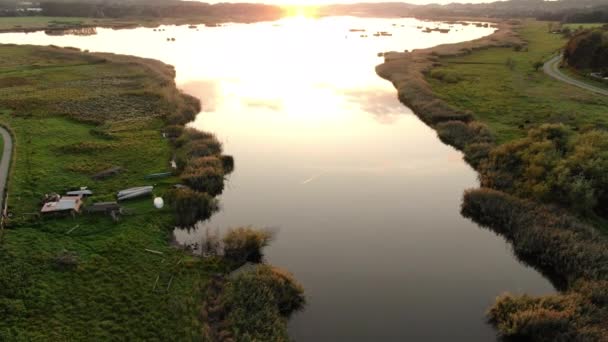 Aerial River City Aarhus Denmark Beautiful Landscape Sunset High Angle — Stockvideo