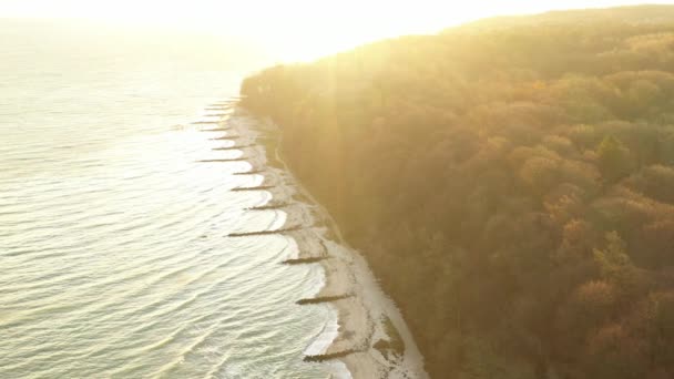 Aerial Moesgaard Beach Waves Crashing Shore Sunset Denmark Beautiful Calm — Stockvideo