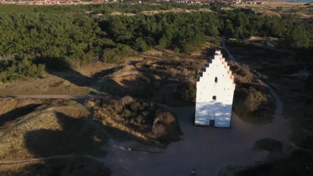 Aerial Old Sand Covered Skagen Church Denmark Abandoned Chapel Surrounded — Stockvideo