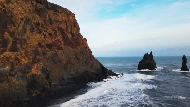 Wide Drone Flight Rocky Coastline Sea Sea Stacks Iceland — Video