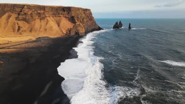 Wide Drone Flight Coastline Black Sand Beach Sea Stacks Spring – stockvideo