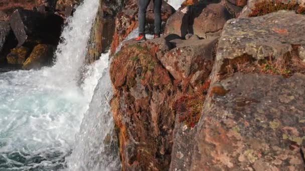 Wide Tilt Slow Motion Shot Photographer Standing Rocks Dynjandi Waterfall — Video
