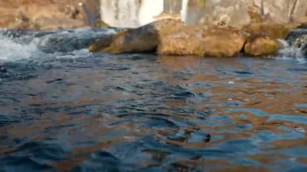 Wide Tilt Slow Motion Shot Photographer Standing Rock River Looking — Video