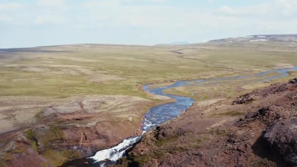 Aerial View River Stream Flows Glymur Waterfall Unique Nature Iceland — Stockvideo