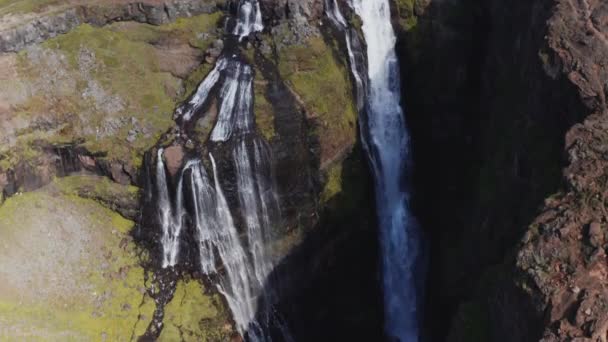 Aerial View Majestic Glymur Waterfall West Iceland Bright Sunny Day — Stockvideo