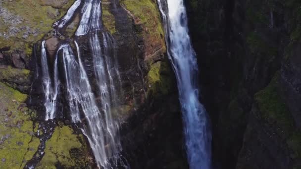 Aerial View Majestic Glymur Waterfall West Iceland Bright Sunny Day — ストック動画