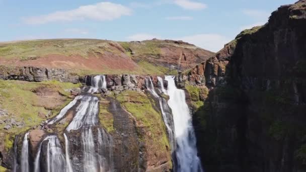 Aerial View Majestic Glymur Waterfall West Iceland Bright Sunny Day — Vídeos de Stock