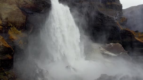 Aerial Majestic Haifoss Waterfall Spectacular Scenery Iceland Slow Motion Panoramic — 비디오