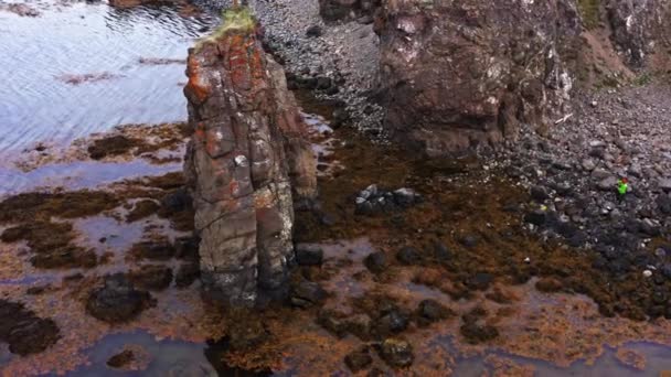 Aerial Orbital Shot Magnificent Seascape North Iceland Coast Arch Rock — Video Stock